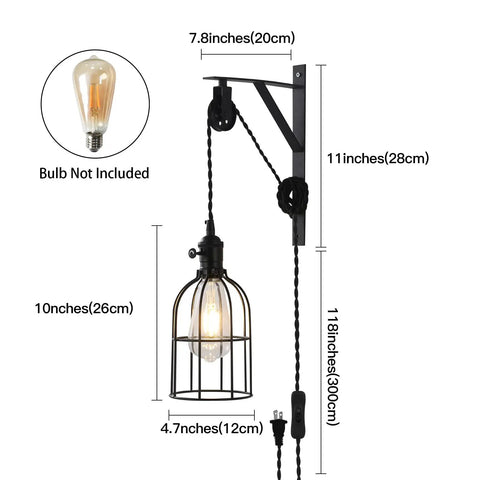 Industrial Pulley Wall Lights Set Of 2 With Iron Cage Farmhouse Sconce Lamps Plug In 15 Foot Cord And Switch Adjustable Hanging Wall Lights That Give Your Living Room Or Bedroom A Cool Rustic Farmhouse Vibe