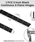 Heavy Duty 12 Inch Black Stainless Steel Piano Hinges 2 Inch Open Width Continuous Hardware For Cabinets Mailboxes And Woodworking 0.04 Thick Rust Proof 2 Piece Set with dimensions shown