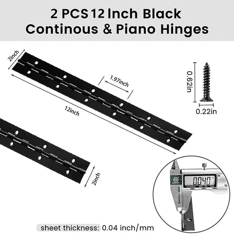 Heavy Duty 12 Inch Black Stainless Steel Piano Hinges 2 Inch Open Width Continuous Hardware For Cabinets Mailboxes And Woodworking 0.04 Thick Rust Proof 2 Piece Set with dimensions shown