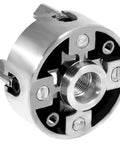 Top Tier Heavy Duty Four Jaw Mini Lathe Chuck Kit showing zinc alloy construction, detailed jaws and threaded center.