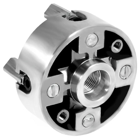 Top Tier Heavy Duty Four Jaw Mini Lathe Chuck Kit showing zinc alloy construction, detailed jaws and threaded center.