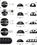 Black self adhesive cable clips with measurements and cable arrangement examples for desk and nightstand cable management.