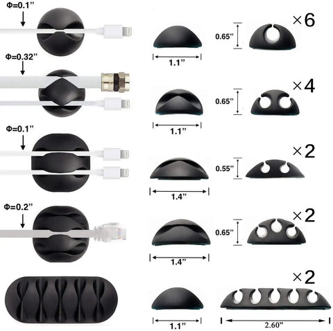 Black self adhesive cable clips with measurements and cable arrangement examples for desk and nightstand cable management.
