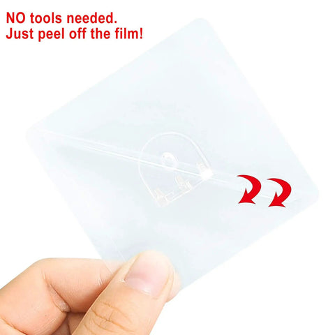 Hand holding Stick On Shelf Clips No Drill Punch Free Self Adhesive Pegs for Kitchen Cabinets and Bookshelves Quick Install holds up to 10 lbs