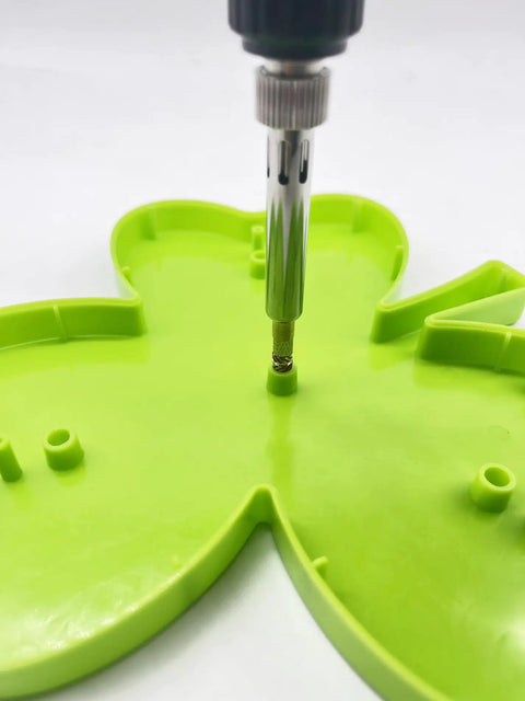 Easy Install Heat Set Insert Tool For 3D Printing, inserting brass knurled nut into green plastic using vertical heat press
