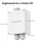 Front view of Rugged Outdoor PoE Enclosure Weatherproof IP67 Box For Outdoor WiFi Extender With dimensions and WAVLINK logo