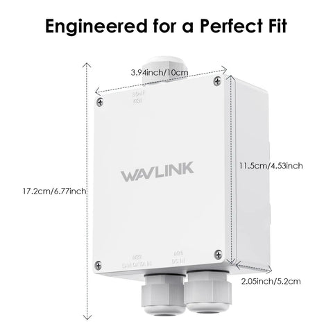 Front view of Rugged Outdoor PoE Enclosure Weatherproof IP67 Box For Outdoor WiFi Extender With dimensions and WAVLINK logo