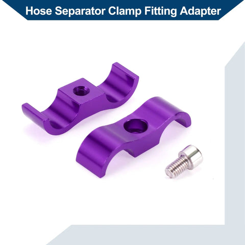 Two purple aluminum Workhorse An6 Hose Separator Clamps for 14mm fuel lines with a silver screw fitting.