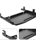 Slick Under Desk Keyboard Tray Featuring Smooth Glide Retractable Slides For A Dead Simple Space Saving Home Office Setup And Clutter Free Workstation Built Tough For Daily Use, showing black steel tray with slide rails.