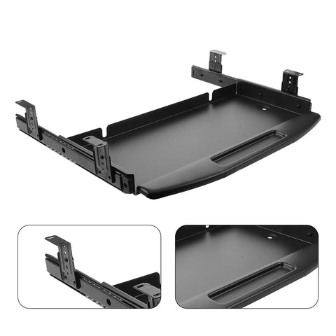 Slick Under Desk Keyboard Tray Featuring Smooth Glide Retractable Slides For A Dead Simple Space Saving Home Office Setup And Clutter Free Workstation Built Tough For Daily Use, showing black steel tray with slide rails.