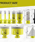 Diamond core drill bits set in yellow, includes 6/6/8/20/35/50/65mm bits, finger bit, beveling chamfer bit, SDS adapter.