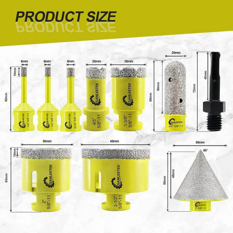 Diamond core drill bits set in yellow, includes 6/6/8/20/35/50/65mm bits, finger bit, beveling chamfer bit, SDS adapter.