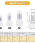 Get A Sweet 200-Count Kit Of Closed End Crimp Connectors With Ce1 Ce2 And Ce5 Gauge Caps Featuring Nylon Insulation Plus Translucent Design For Easy Visual Checks To Keep Your Wires Secure And Safe From Short Circuits. CE1 CE2 CE5 size chart