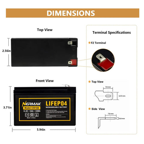 12V 10Ah LiFePO4 Deep Cycle Battery With Built In 10A BMS dimensions and terminal specifications image