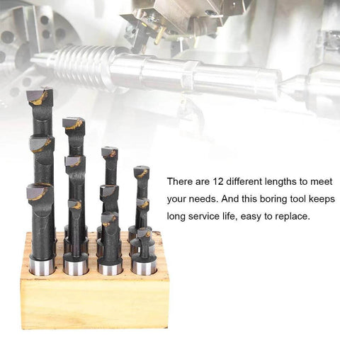 12-piece F1 boring cutter set for CNC milling, 5/8 inch shanks, high-speed steel, displayed on a wooden block
