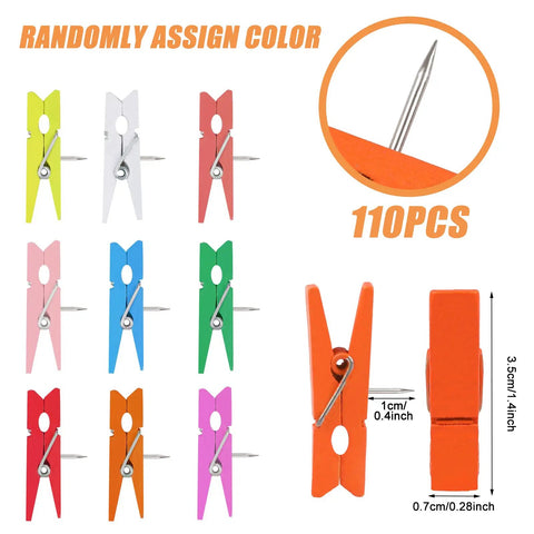 110 Piece Colorful Wooden Push Pin Tacks Featuring Spring Loaded Studs Keep Pics Flawless On Corkboards Bad Boys Stack For Office Vibes Home Crafts Sick Gallery Wall Setup, assorted colors displayed.