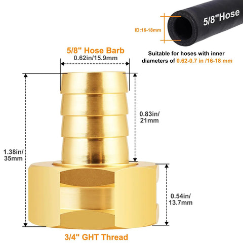 Solid Brass Garden Hose Fittings Female Three Quarters Inch GHT Barb Adapters Pack Of Four With Rubber Rings For Leak Free Durable Easy Install Water System Connections, 5/8 hose barb dimensions