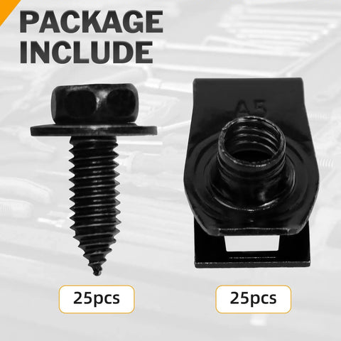 Indented Hex Head Sems Bolts And U Nut Clips Kit For Fender Engine Cover And Splash Shield, 5/16-18 Thread By 7/8 Inch Length, 25 Bolts And 25 U Nut Clips, DIY Friendly Replacement For 384930-S36, showing bolt and clip package contents