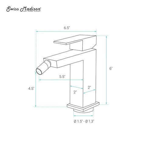 Technical drawing of Concorde Bidet Faucet In Brushed Gold Solid Brass Single Hole Install 1.2 GPM Flow Easy One Handle Control