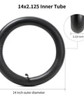 Butyl Inner Tube 14x2.125 With Bent CR202 Valve for 14 Inch Tire, showcased with dimensions and valve details