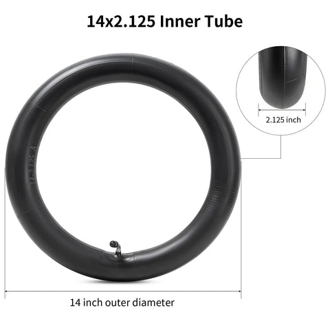 Butyl Inner Tube 14x2.125 With Bent CR202 Valve for 14 Inch Tire, showcased with dimensions and valve details