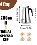 Stainless Steel 4 Cup Stovetop Espresso Maker Moka Pot For Home And Camping Induction Compatible Mocha Coffee Brew With Rich Aroma In Just 5 Minutes 200 ml 6.6 oz, shown with dimensions and 4 espresso cups.