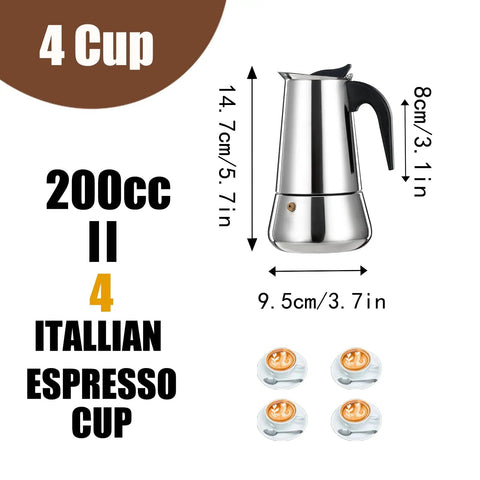 Stainless Steel 4 Cup Stovetop Espresso Maker Moka Pot For Home And Camping Induction Compatible Mocha Coffee Brew With Rich Aroma In Just 5 Minutes 200 ml 6.6 oz, shown with dimensions and 4 espresso cups.