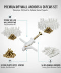 50 Pack M8 Nylon Drywall Anchors With Zinc Plated Screws, Go-To Heavy Duty Hollow Wall Anchor Kit in white, arranged on display