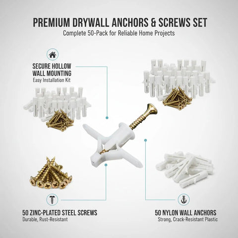 50 Pack M8 Nylon Drywall Anchors With Zinc Plated Screws, Go-To Heavy Duty Hollow Wall Anchor Kit in white, arranged on display