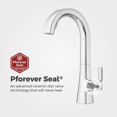 Pfister Vaneri Kitchen Faucet with Pull Down Sprayer, Polished Chrome showcasing Pforever Seal technology and design details.