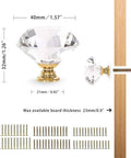 Gold Crystal Glass Knob Set for Cabinets and Drawers, 40mm knob dimensions, installation illustration, crystal glass rhinestones, gold base