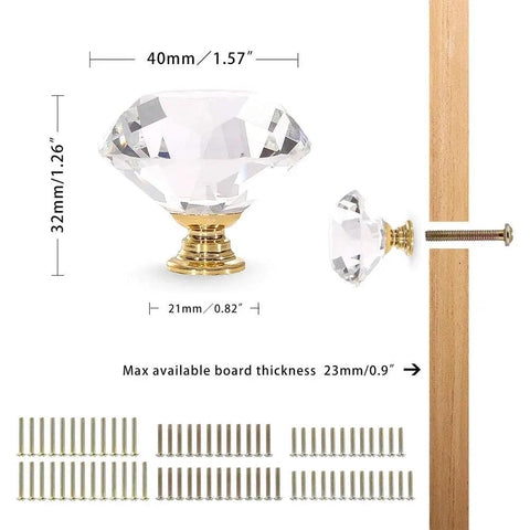 Gold Crystal Glass Knob Set for Cabinets and Drawers, 40mm knob dimensions, installation illustration, crystal glass rhinestones, gold base
