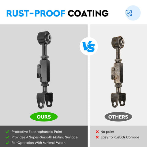 Comparison of rust-proof rear upper control arm kit for Honda CR-V 2002-2006 and Element 2003-2011 versus standard rusted part.