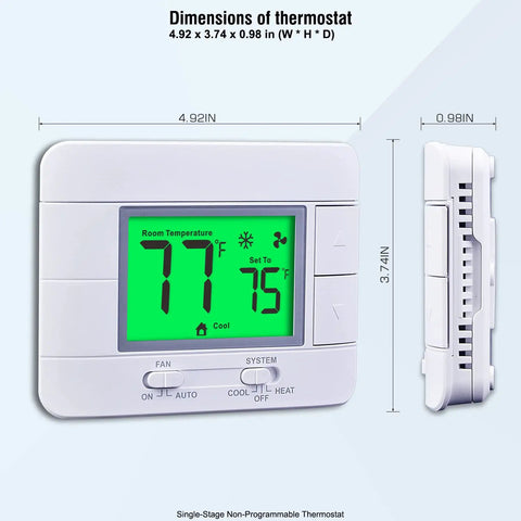 Dimensions of Upgraded Non Programmable Thermostat for Home 1 Heat 1 Cool Single Stage System with Large Green LCD Display shown.