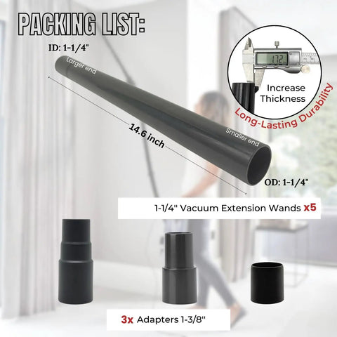 Five Pack 1.25 Inch Vacuum Extension Wands With 1.38 Inch To 1.25 Inch Hose Adapter For 32mm And 35mm Vacuum Cleaners Extension Tubes Accessories And Replacement Pipe Tubes, showing wand dimensions and adapter types.