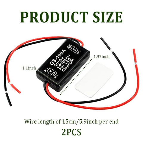 Universal 6V-30V LED Brake Light Flasher Module With Prewired Harness Pulsing Strobe Controller For Cars Trucks SUVs And Motorcycles Boosts Tail Light Visibility And Clear Stop Signal, size shown with wires