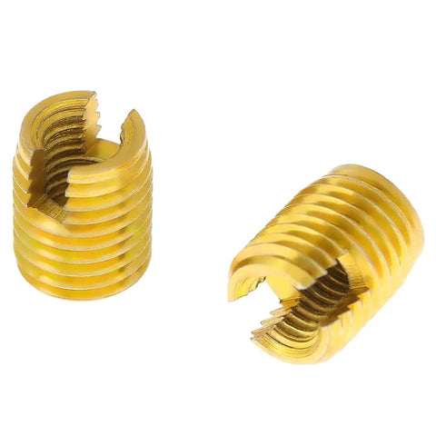 Self Tapping Threaded Inserts Set M8 By M5 For Auto Repairs DIY Easy Install Slotted Screw Bushings 302 Stainless High Tensile Strength Vibration Resistant Thread Repair Kit, two gold inserts