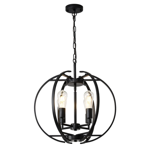 Large Lantern Globe Black Chandelier For Farmhouse Vibe, Four Light Pendant Ceiling Fixture With Adjustable Arms
