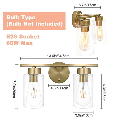 Two Light Brass Gold Bathroom Vanity Lights Over Mirror With Glass Shades Modern Curved Wall Sconce Fixtures, dimensions shown