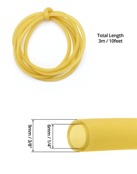 Yellow natural latex surgical tubing; 3/8 in OD by 1/4 in ID, 10 ft long (front view).