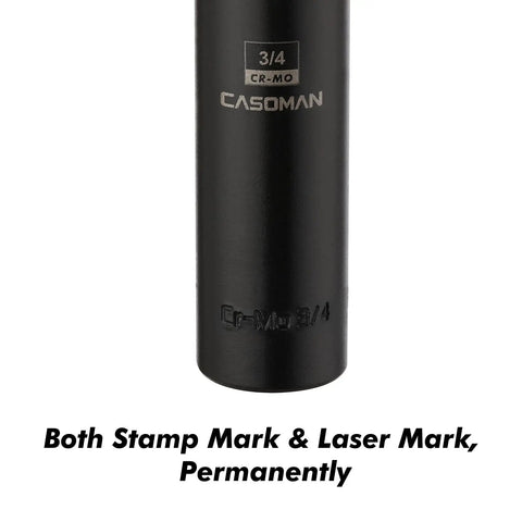 1/2-Inch Drive Extra Deep Socket 3/4-Inch SAE 6-Point CR-MO Steel, close-up of permanent stamp and laser mark details