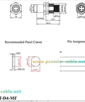 Technical diagram of Bulkhead M12 D Code 4 Pin Male To Female Connector IP67 Shielded Wall Pass Thru Panel Mount Socket