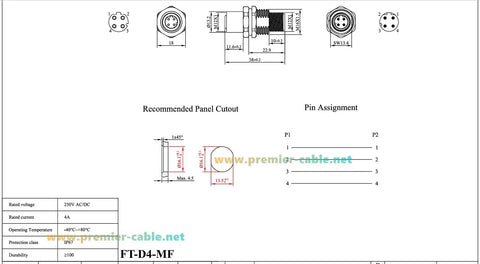 Technical diagram of Bulkhead M12 D Code 4 Pin Male To Female Connector IP67 Shielded Wall Pass Thru Panel Mount Socket