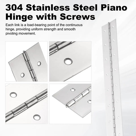 Heavy Duty Piano Hinge 24 X 2 Inch 304 Stainless Steel Continuous Hinge 2 Pack with screws and close-up details.