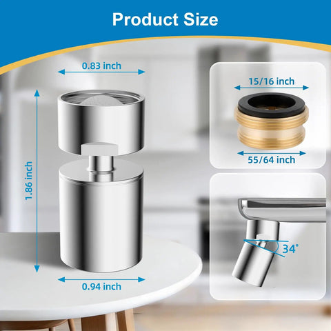 Four Mode Chrome Faucet Aerator Delivering Smooth As Butter Water Flow And Splash Free Performance dimensions with measurements displayed.