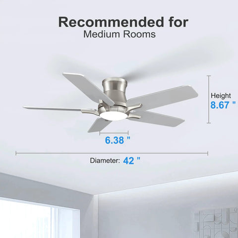 42 Inch Ceiling Fan With Lights And Remote Brushed Nickel Flush Mount Low Profile Ceiling Fan For Bedroom Living Room Patio