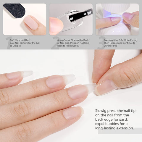 Applying Two In One Nail Glue And Base Gel For Acrylic Tips 16ml UV Light Cure In Sixty Seconds for strong hold on nails