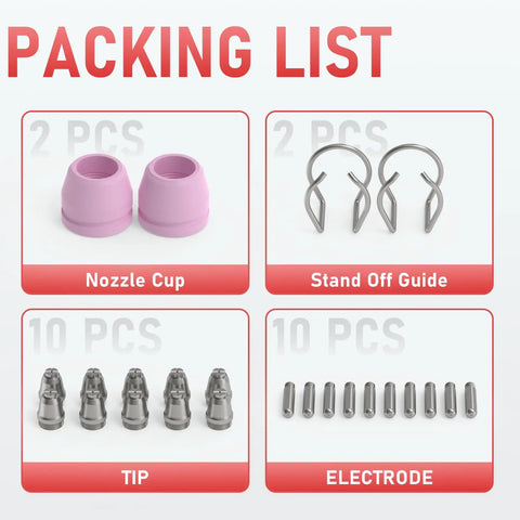 AG-60 Plasma Cutter Torch Consumables Kit 24 Pieces With 10.040 Inch Nozzles, 10 Electrodes, 2 Cups, 2 Brackets labeled parts