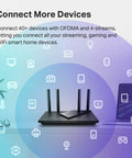 AX1800 WiFi 6 Router Archer AX21 V5 on desk, showing dual-band design with floating icons for multiple device connectivity.