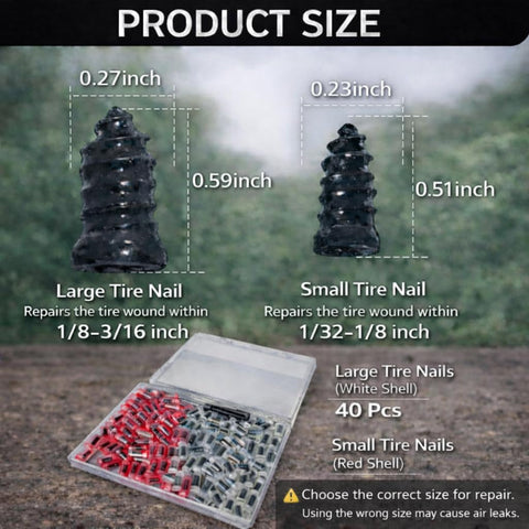Product size diagram showing large and small tire nails for 80 Piece Rubber Tire Repair Kit With Screw In Plugs For Quick DIY Tire Puncture Repair On Cars And Motorcycles Spiral Rubber Screws Heat Resistant Tire Fix.